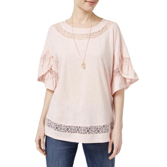 Style & Co Pink Knit Tulip Sleeve Lace Inset Blouse Top M - Picture 1 of 5